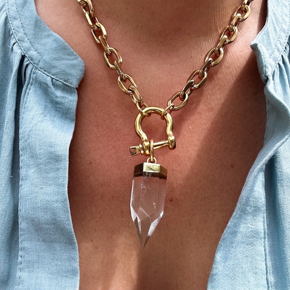 Chunky gold plated hippie girl clear quartz necklace - Picture 1 of 4